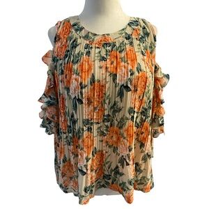 Floral Cold Shoulder Top - Orange and Green Size Large